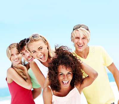 Buy stock photo Laughing, summer and portrait of friends at beach for travel vacation, adventure and social gathering. Happiness, tropical getaway and holiday with group of people outdoor for space and tourism