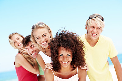 Buy stock photo Laughing, holiday and portrait of friends at beach for travel vacation, adventure and social gathering. Happiness, tropical getaway and summer with group of people outdoor for space and tourism