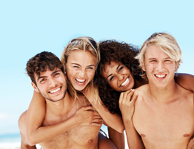 Buy stock photo Piggyback, smile and portrait of people at beach for travel vacation, bonding and adventure. Summer holiday, support and tropical getaway with couple of friends outdoor for weekend break and tourism