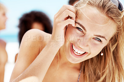 Buy stock photo Laughing, travel and portrait of woman at beach for summer  vacation, adventure and smile. Happiness, tropical getaway and holiday with people or friends for connection, relax and funny joke