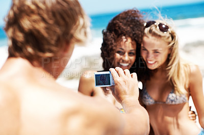 Buy stock photo Camera, smile and travel with friends and beach for digital photography, summer vacation and memory. Holiday, picture and adventure with people outdoor for connection, bonding and reunion together