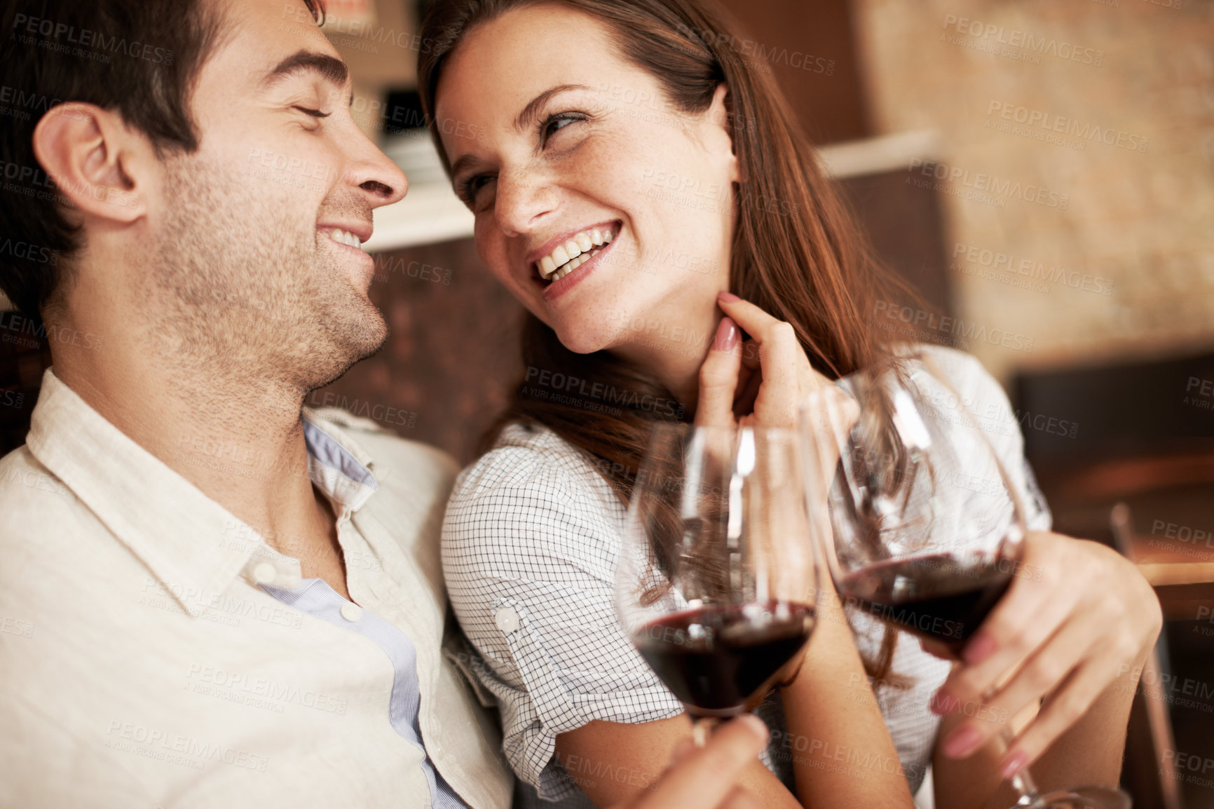 Buy stock photo Couple, smile and cheers in restaurant with wine, relationship milestone and goals for commitment. People, dating and toast with alcohol drink for celebration, achievement and happy for connection.