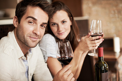 Buy stock photo Love, portrait or couple in restaurant with red wine, partner loyalty and bonding in anniversary celebration. Smile, trust and people with alcohol, happy relationship or connection in romantic date.