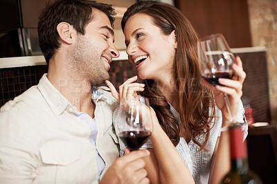 Buy stock photo Happy, couple and wine in restaurant with love, anniversary date and connection for bonding together. People, romantic relationship and alcohol beverage with smile for commitment, loyalty and trust.