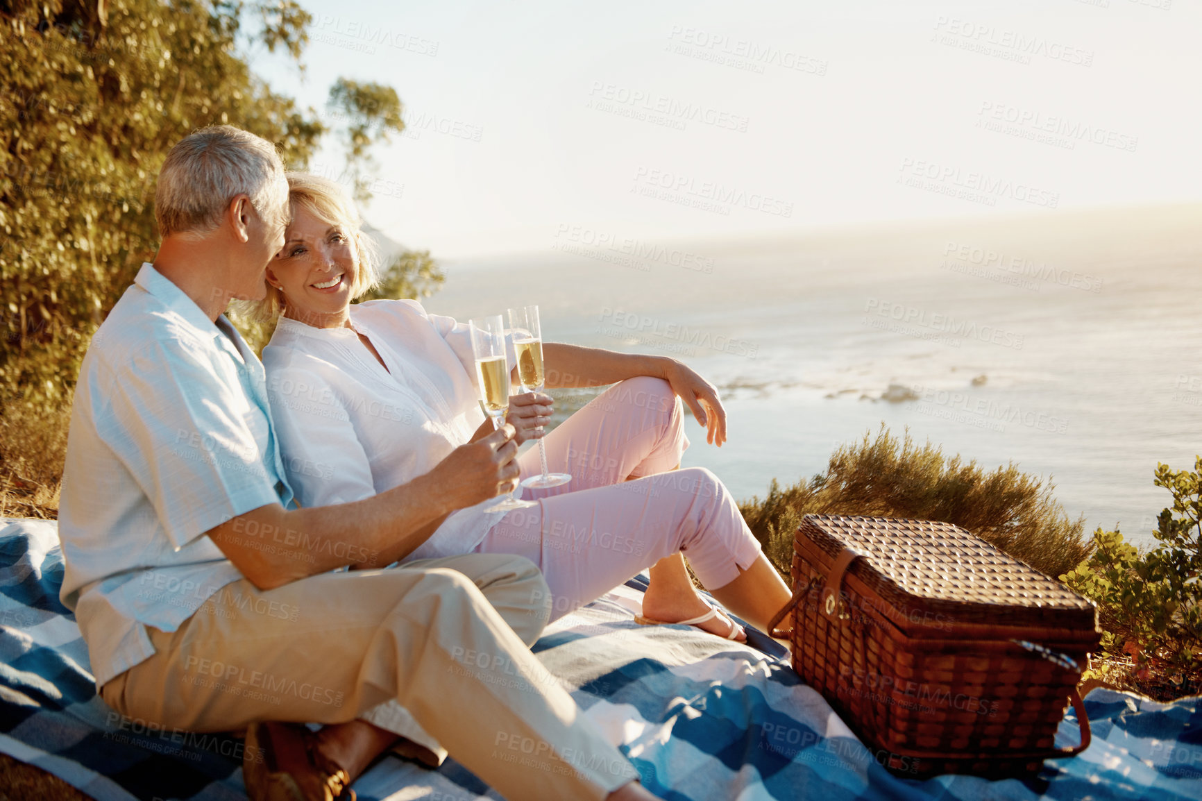 Buy stock photo Picnic, old couple and smile with champagne for support, bonding together and love in healthy relationship. Nature, senior man and woman with wine for happy, marriage and care on weekend holiday