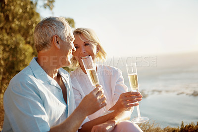 Buy stock photo Picnic, elderly couple and toast with champagne for love, bonding together and outdoor in healthy relationship. Nature, old man and woman with smile for wine, marriage and care on weekend holiday