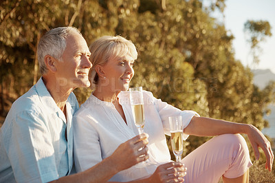 Buy stock photo Nature, old couple and relax with champagne for support, bonding together and love in healthy relationship. Outdoor, senior man and woman with wine for happy, marriage and care on weekend holiday