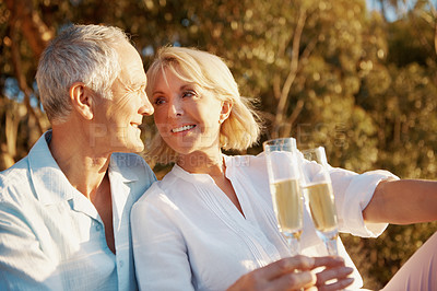 Buy stock photo Happy, old couple and outdoor with champagne for love, bonding together and vacation in healthy relationship. Nature, senior man and woman with wine for travel, marriage and care on weekend holiday