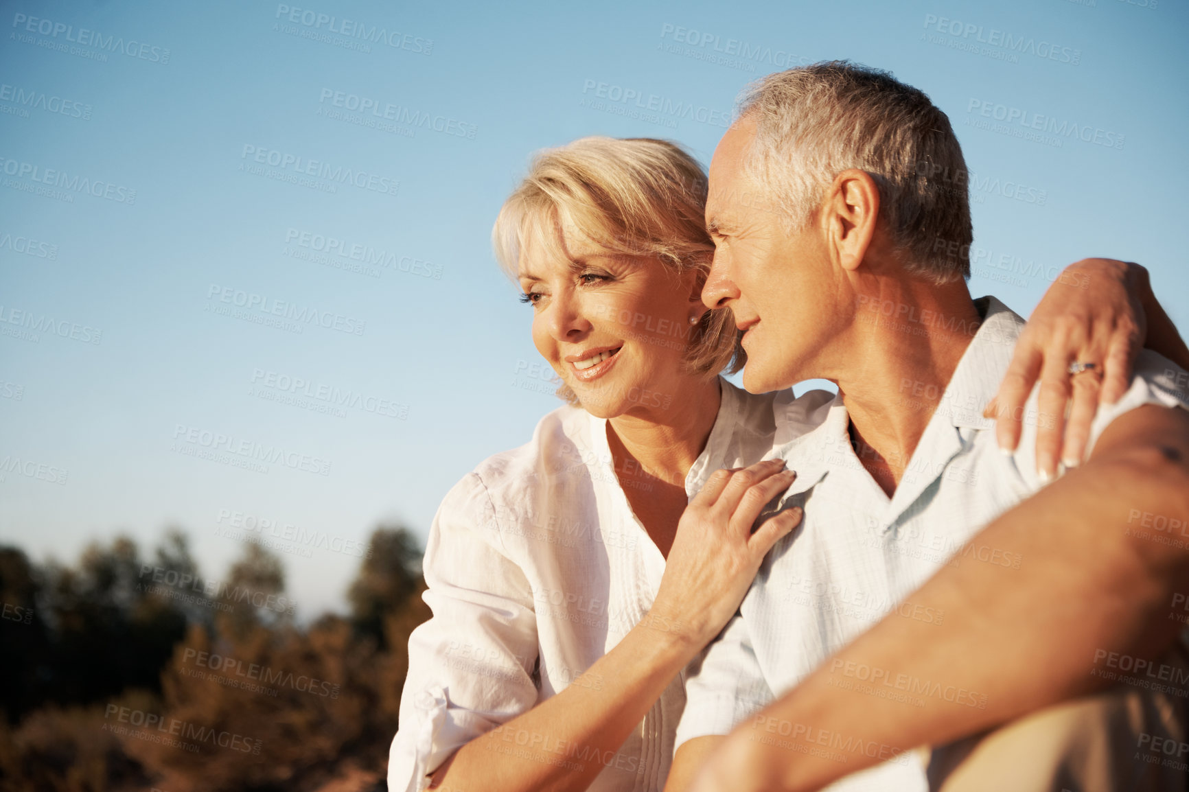 Buy stock photo Love, thinking or elderly couple in nature with smile, partner daydream or bonding on summer trip. Tender, insight or senior people with space, relationship reflection or happy moment on outdoor date