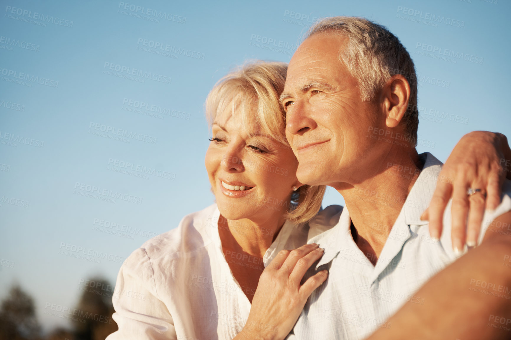 Buy stock photo Trust, thinking or elderly couple in nature with smile, partner daydream or bonding on summer trip. Love, insight or senior people with space, relationship reflection or happy moment on outdoor date.