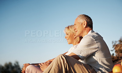 Buy stock photo Peace, thinking or elderly couple in nature with space, partner daydream or bonding on summer trip. Tender, calm or senior people with love, relationship reflection or happy moment on outdoor date.