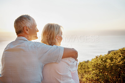 Buy stock photo Senior couple, sightseeing and hug in nature, romance and bonding with partner on vacation and break. Outdoor, space and old people with smile on holiday, back and connection with spouse or affection