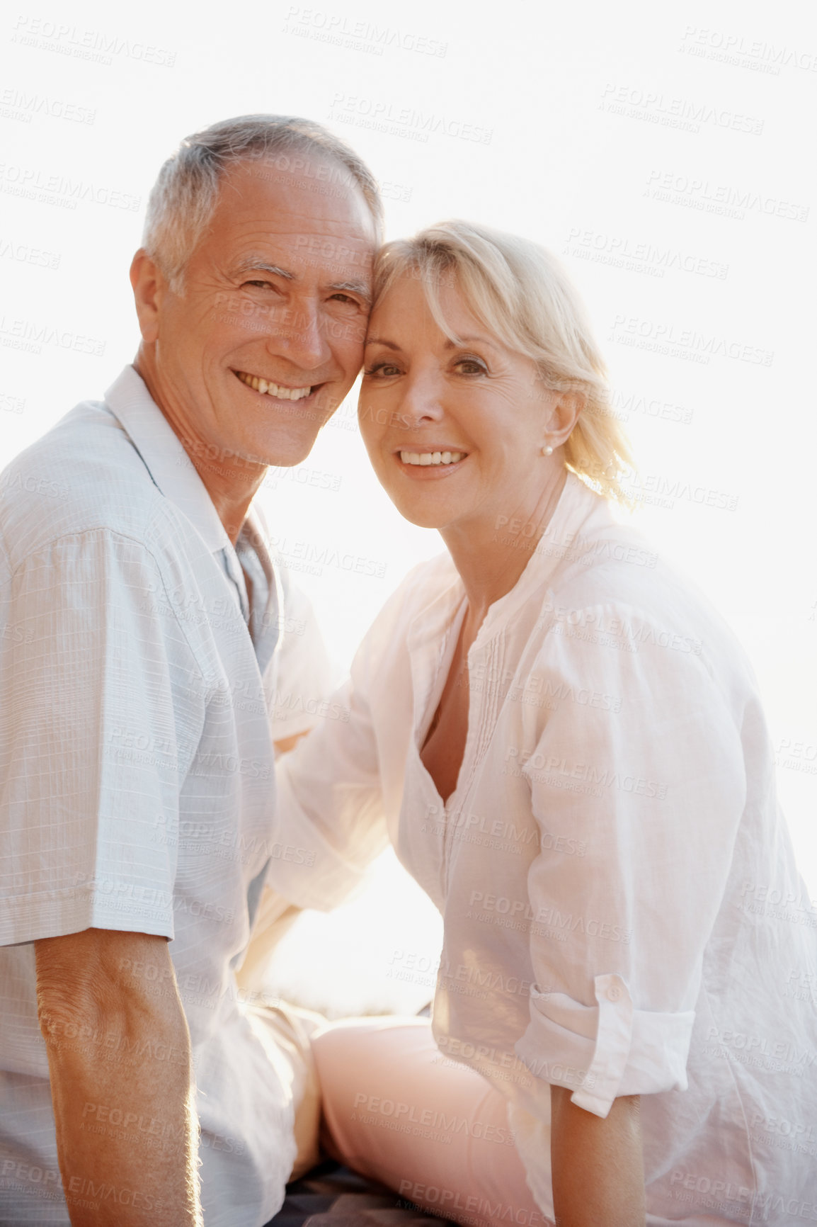 Buy stock photo Outdoor, old couple and hug with portrait for love, bonding together and connection in healthy relationship. Nature, senior man and woman with smile for embrace, marriage and care on weekend holiday