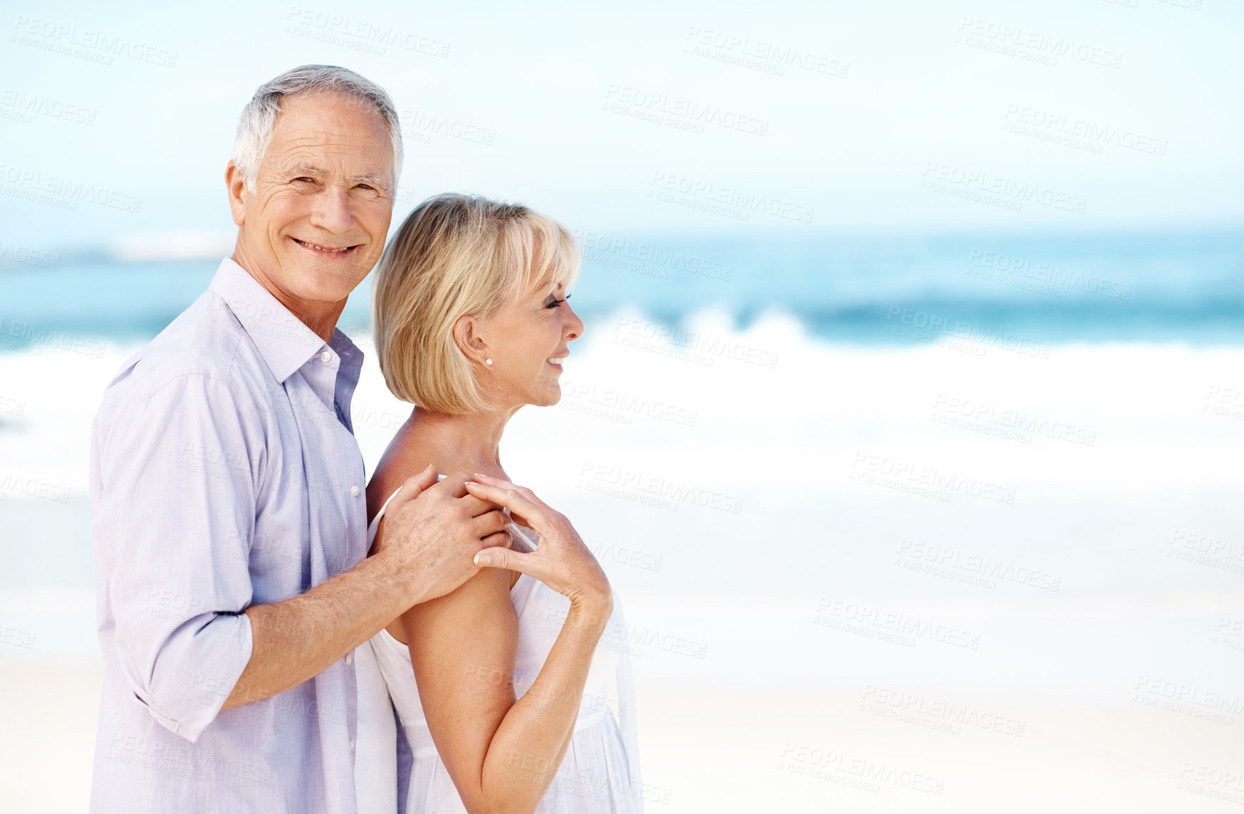 Buy stock photo Portrait, couple and man at beach with smile for marriage, happy relationship and holiday together. Space, travel and mature people by ocean for summer vacation, weekend and bonding for anniversary