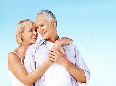 Buy stock photo Happy, hug and couple outdoor with love on summer vacation, getaway or weekend trip together. Smile, space and mature woman embracing man with safety, bonding or connection in marriage on holiday.