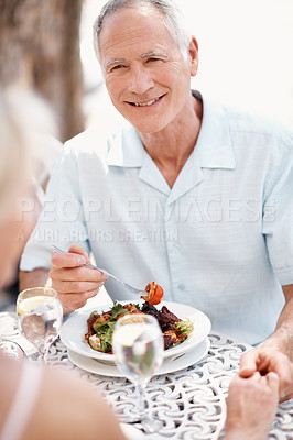 Buy stock photo Old couple, restaurant and date with salad, love and travel for anniversary or holiday. Outdoor, cafe and senior woman with man, bonding and trip together with healthy diet and drink for marriage