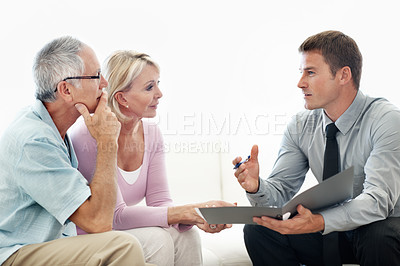 Buy stock photo Senior, couple and agent with paperwork for medicare options, long term care and consulting. Listening, people and insurance broker with file in home for pension fund, explain policy and disclaimer