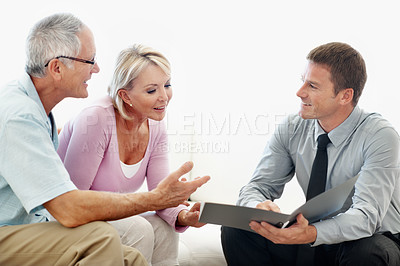 Buy stock photo Senior, couple or consultant with document for social security, explain benefits or long term care. Happy, people or financial advisor with file in house for pension funds, retirement annuity or plan