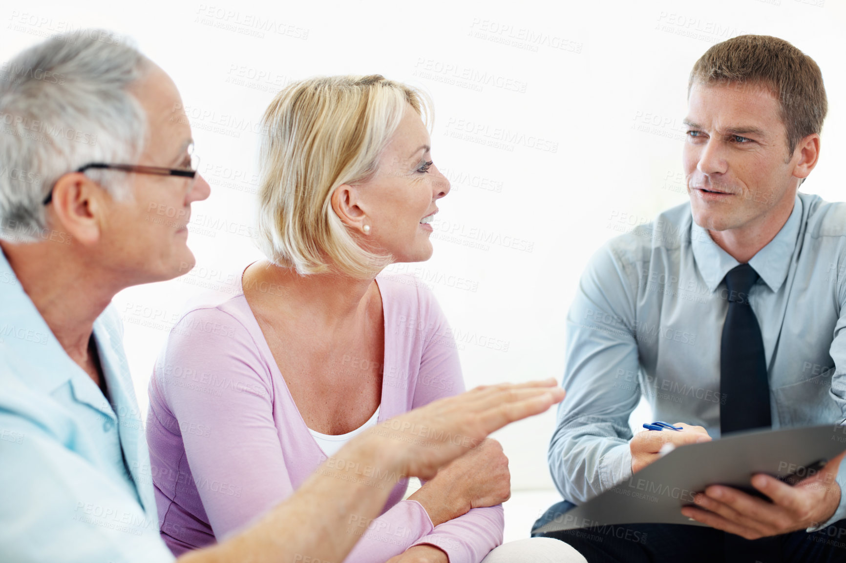 Buy stock photo Talking, consulting and financial advisor with old couple for retirement plan, wealth management and profit. Insurance payout, budget and broker with senior man and woman in home for joint account