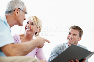 Buy stock photo Happy, consulting and financial advisor with old couple for retirement plan, wealth management and profit. Insurance payout, budget and broker with senior man and woman in home for joint account