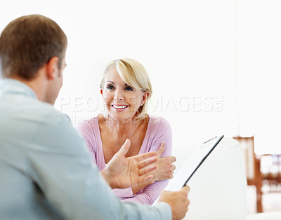 Buy stock photo Happy woman, chat and financial advisor with document in meeting, consultation or investment update. Wealth management, consultant and talk with mature person, advice and estate planning with report
