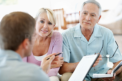 Buy stock photo Document, elderly couple or planning with financial advisor in house, investment or pension annuity. Happy people, wealth consultation and talk at home, asset management or retirement savings