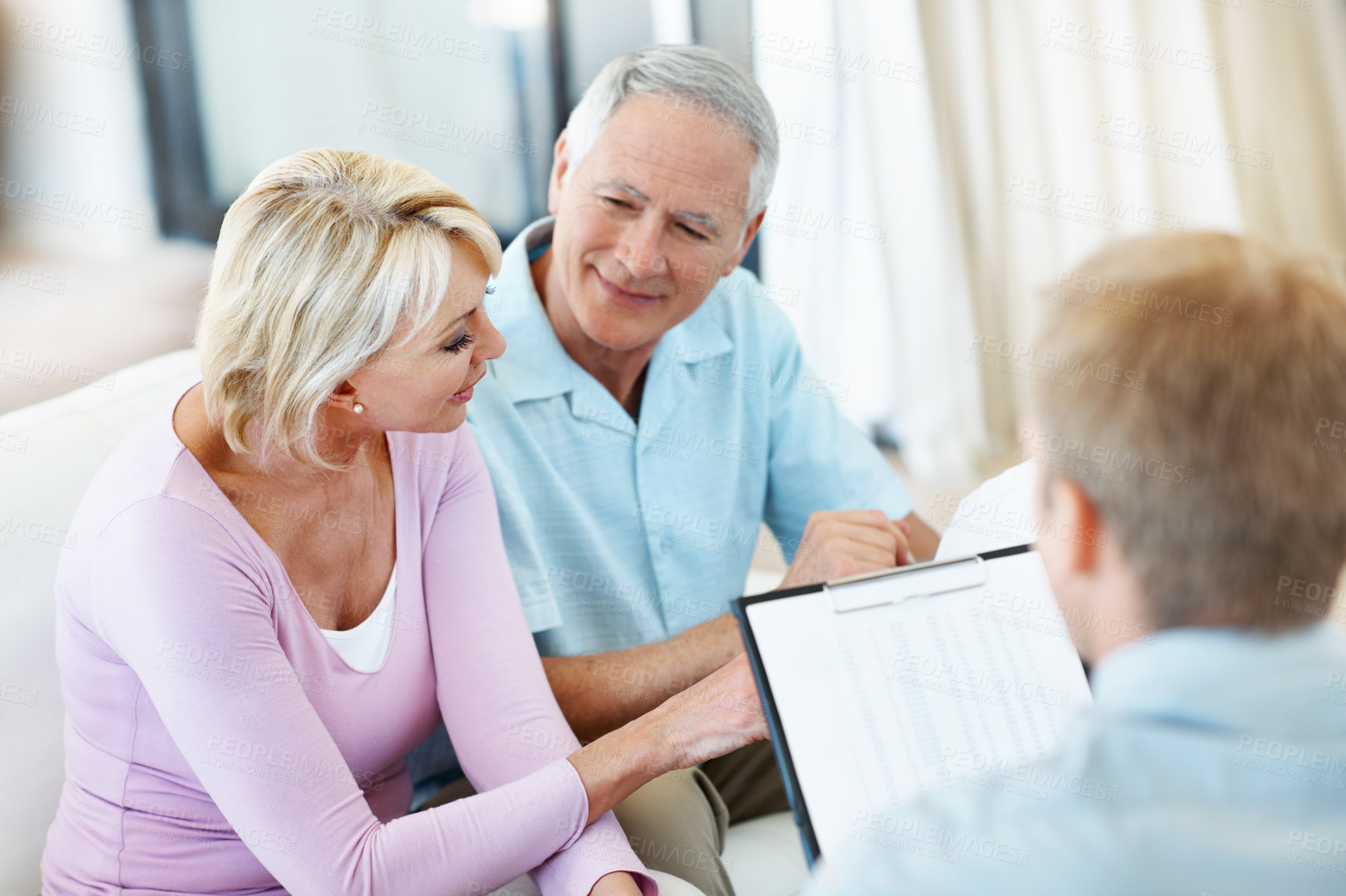 Buy stock photo Planning, old couple and pension with financial advisor in home, investment fund or mortgage document. People, wealth consultation and talking at house, insurance policy and retirement savings