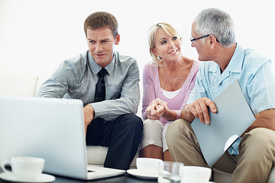 Buy stock photo Finance, elderly couple or consultant in home with laptop, investment review or advice on asset management. Digital, old people or wealth advisor with tech, retirement aid or guidance on pension fund