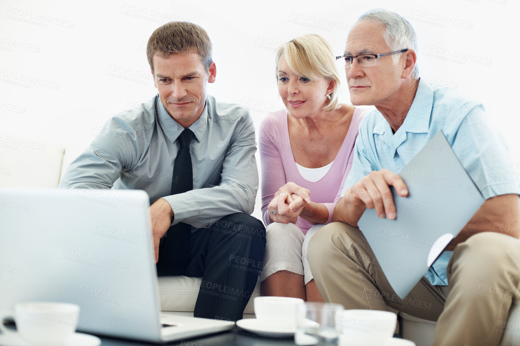 Buy stock photo Finance, elderly couple or consultant in home with laptop, investment review or advice on asset management. Digital, old people or wealth advisor with tech, retirement aid or guidance on pension fund
