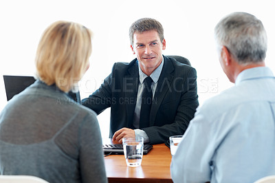 Buy stock photo Old couple, financial advisor and meeting for agreement, deal and retirement planning in office. Happy senior man, woman and computer for pension fund, loan agent and budget for asset management