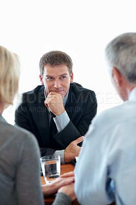 Buy stock photo Elderly couple, financial advisor and discussion  for agreement, deal and retirement planning in office. Senior man, woman and smile for pension fund chat, loan agent and budget for asset management