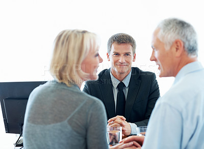 Buy stock photo Old couple, financial advisor and discussion for agreement, deal and retirement planning in office. Senior man, woman and smile for pension fund chat, loan agent and budget for asset management