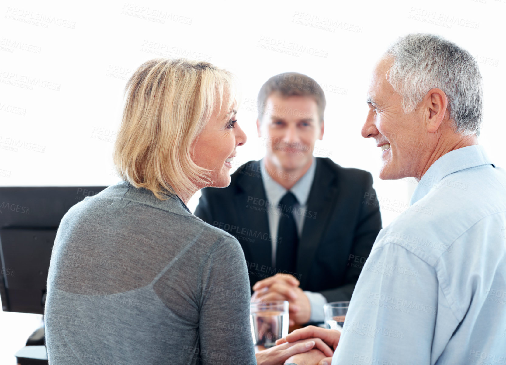 Buy stock photo Old couple, financial advisor and meeting for agreement, deal and retirement planning in office. Senior man, elderly woman and smile for pension fund chat, loan agent and budget for asset management