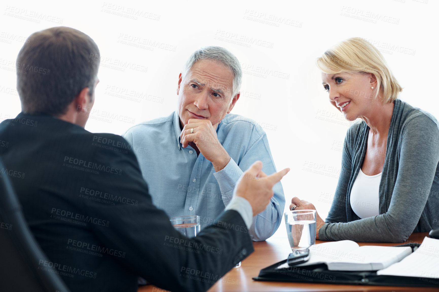 Buy stock photo Old couple, financial advisor and paperwork for retirement planning, deal and meeting in office. Senior man, elderly woman and document for pension fund, loan agent and budget for asset management