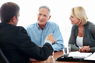 Buy stock photo Old couple, financial advisor and document for retirement planning, deal and meeting in office. Senior man, elderly woman and paperwork for pension fund, loan agent and budget for asset management