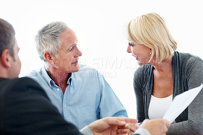 Buy stock photo Happy, senior couple and talking with financial advisor, meeting or listening to retirement strategy. Old people, smile and estate planning with wealth manager, explaining and advice with document