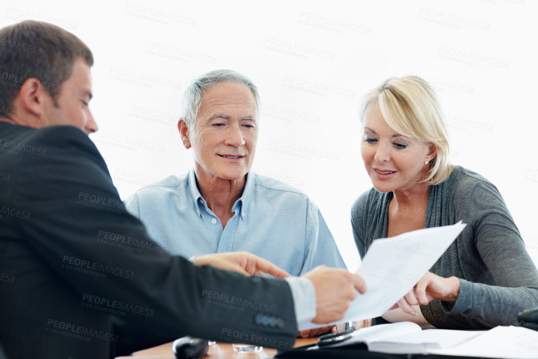 Buy stock photo Happy, senior couple and financial advisor with paperwork, talk or listening to retirement strategy. Old people, meeting and estate planning with wealth manager, explaining and advice with documents