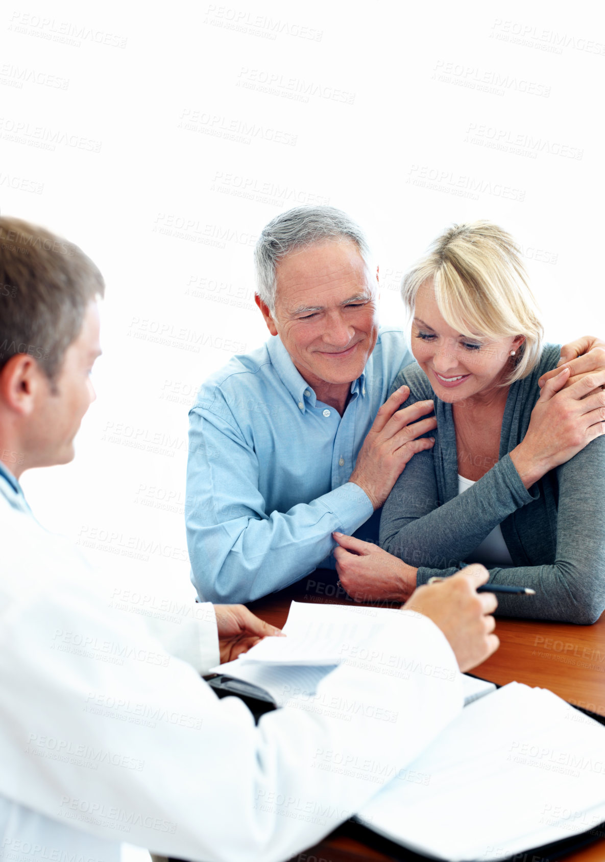 Buy stock photo Healthcare, consultation and senior couple with doctor in office, talking and happy for good results. Medical appointment, health professional and discussion with old people, space and treatment plan