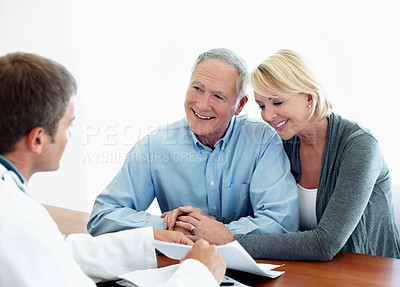 Buy stock photo Healthcare, doctor and old couple in office for assessment, insurance policy update or survey discussion. Man, elderly people or report in clinic for consultation, support or medical history meeting