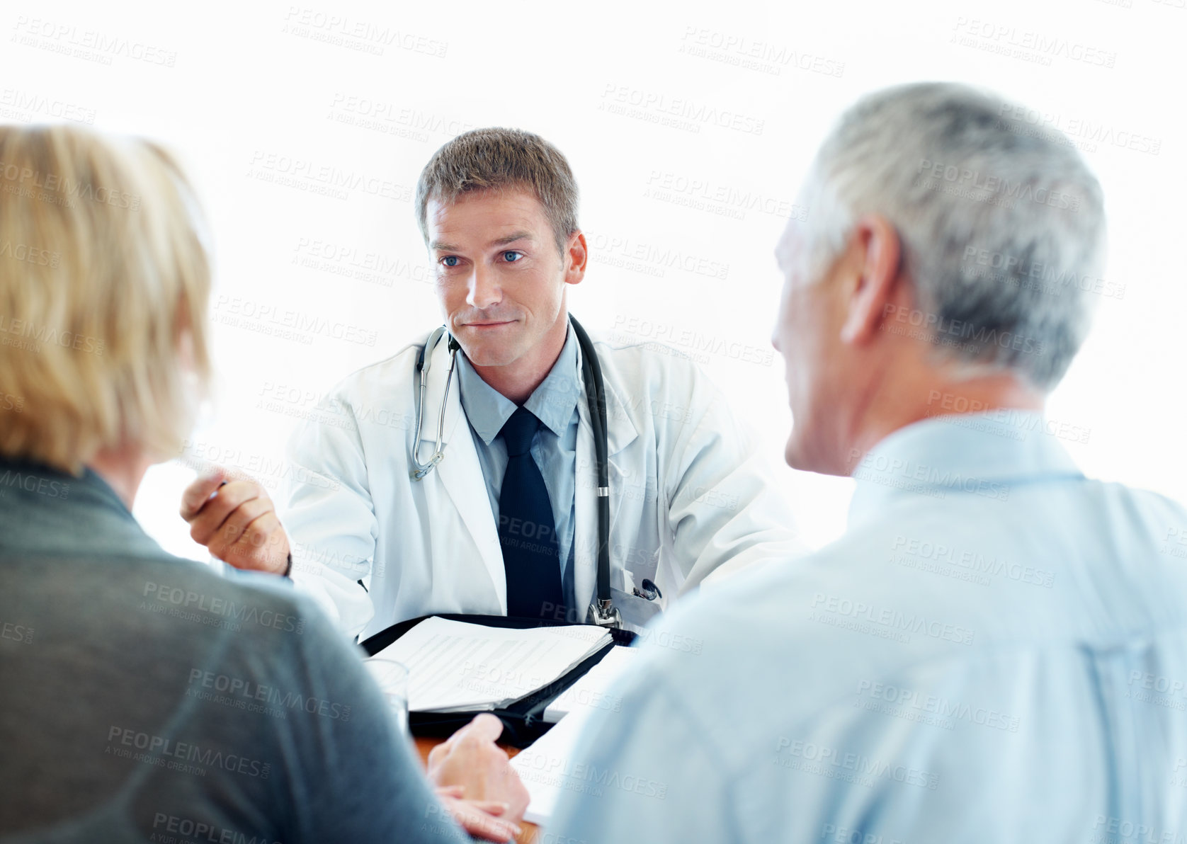 Buy stock photo Consultation, visit or senior couple with doctor for medical advice, treatment or health insurance. Healthcare worker, discussion or elderly man with woman for prescription, symptoms or application