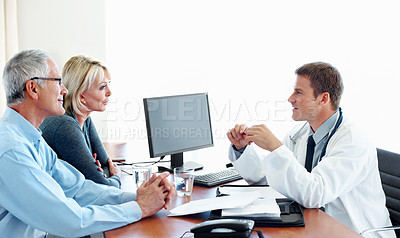 Buy stock photo Healthcare, doctor and old couple in office for consultation, insurance policy update or survey discussion. Man, elderly people or report in clinic for assessment, support or medical history meeting