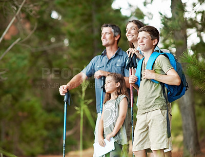Buy stock photo Parents, hiking and kids in nature with view, smile or holiday adventure outdoor for family connection. Happy, mother and father walk in forest with children, trekking journey and equipment for trip.