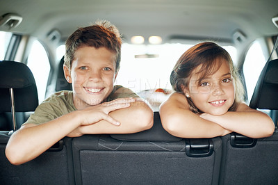 Buy stock photo Traveler, portrait and siblings in car, road trip and adventure with smile or connection on vacation. Family, teenager and child on holiday, bonding and travel together on break and happy in vehicle