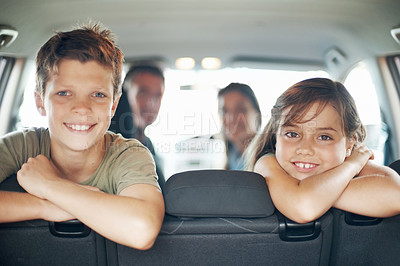 Buy stock photo Happy, portrait and siblings in car, road trip and adventure with parents or connection on vacation. Family, teenager and child on holiday, bonding and travel together on weekend and smile in vehicle