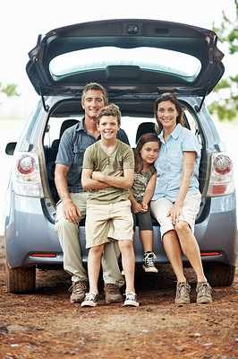 Buy stock photo Portrait, parents and kids in nature with car, relax and smile for family bonding together on weekend. Happy people, mother and father outdoor with children, rest and vehicle for road trip adventure.