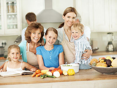 Buy stock photo Grandmother, mom and portrait of kids in kitchen for cooking, bonding and help for family lunch. Happy, generations and children with mother, siblings and grandma for meal prep, dinner and vegetables