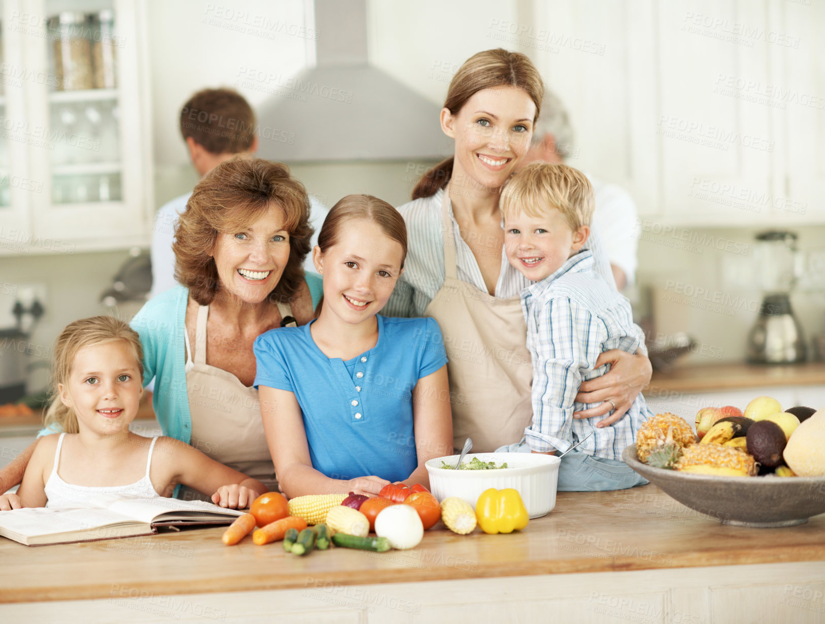 Buy stock photo Grandmother, mom and portrait of kids in kitchen for cooking, bonding and help for family lunch. Happy, generations and children with mother, siblings and grandma for meal prep, dinner and vegetables