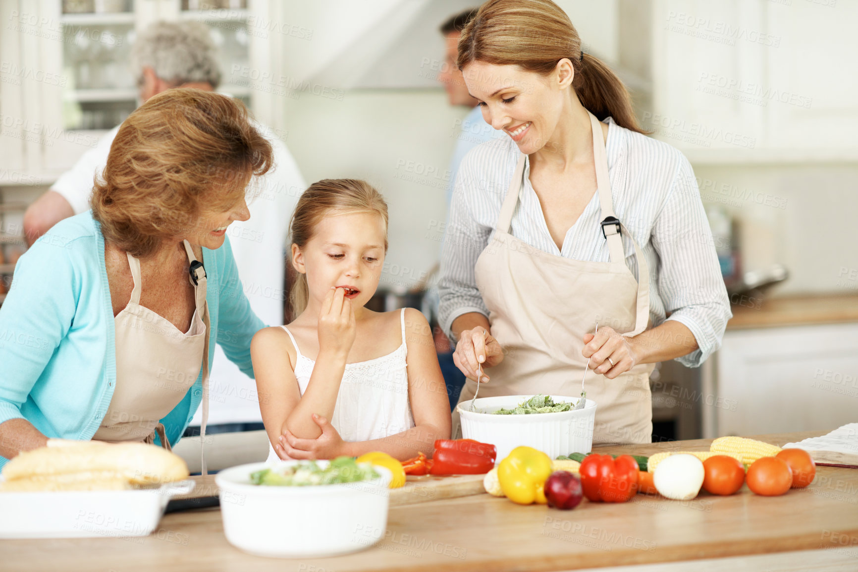 Buy stock photo Mom, generations and cooking with child in kitchen, laugh and learning culinary skills in apartment. Kid, eating and meal prep with grandma, family connection and happy people with recipe in house