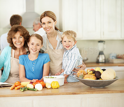 Buy stock photo Grandparents, mom and portrait of kids in kitchen for cooking, bonding and help for family lunch. Happy, generations and children with space, grandma and mother for meal prep, dinner and vegetables