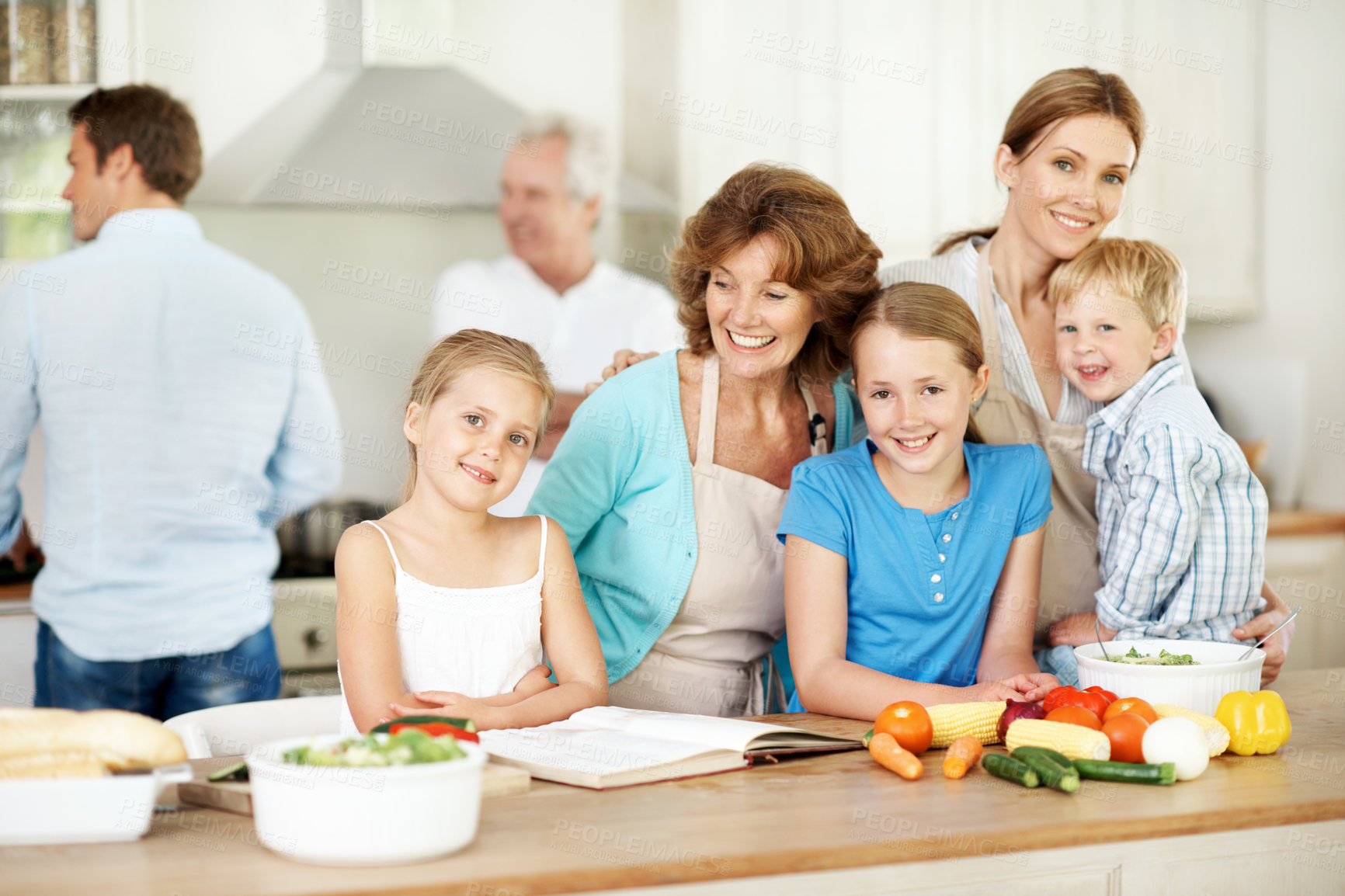 Buy stock photo Parents, generations and cooking with children in kitchen, love and learning culinary skills in home. Kids, portrait and meal prep with grandma, family connection or happy people with recipe in house